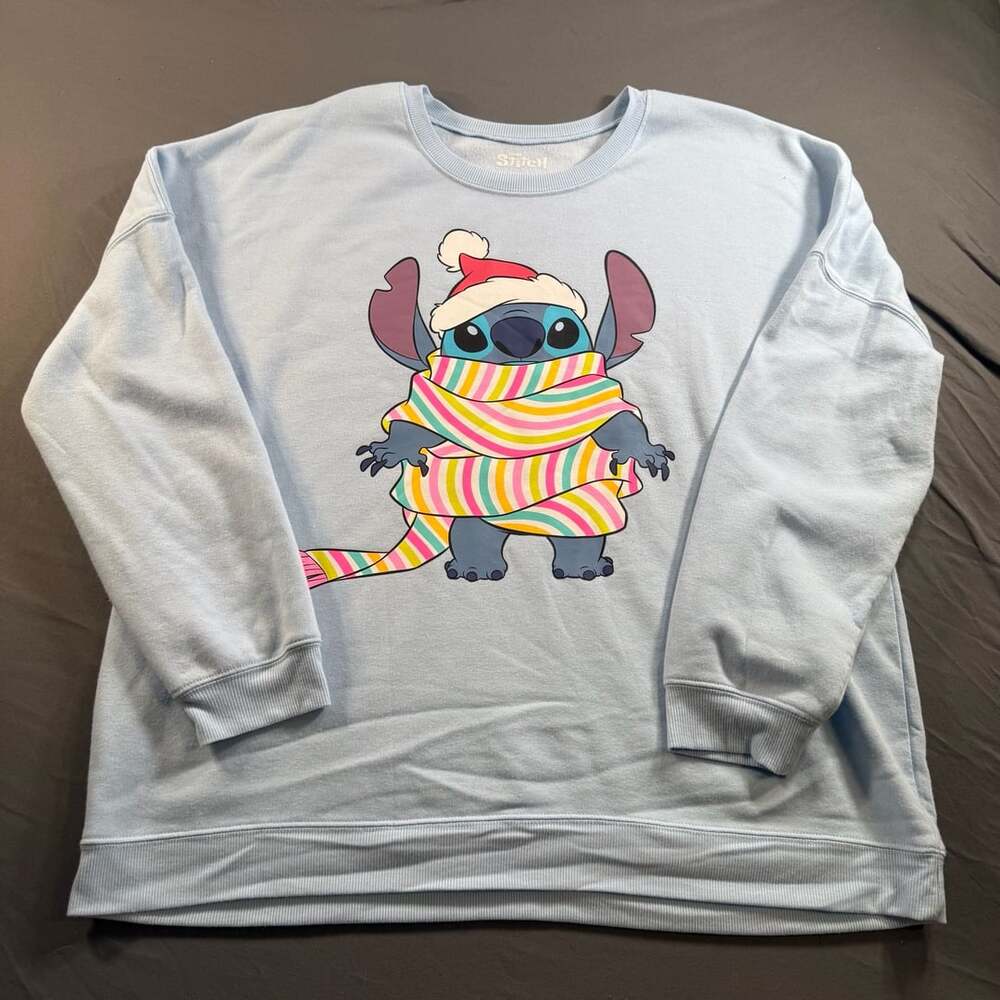 Disney Stitch Christmas Holiday Sweatshirt Women’s 2X Blue Santa Scarf
